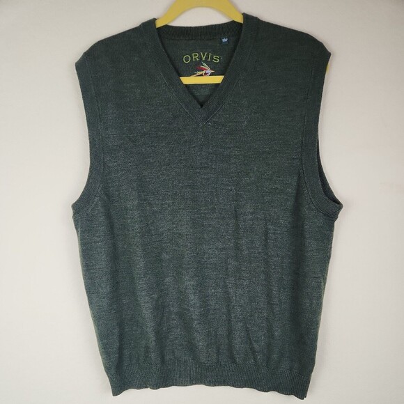Orvis grandpa Sweater V-Neck Vest Mens Size  Large Olive Green 100% Merino Wool - Picture 1 of 6